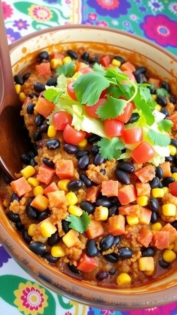 Zero Point Mexican Casserole Recipe A colorful Mexican casserole with black beans, corn, tomatoes, topped with lettuce and cilantro, served in a rustic dish.